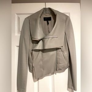 BCBG MaxAzria genuine leather suede jacket with asymmetrical zipper.. Dove grey